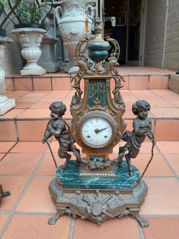 A 20th Century Louis XVl Style Brass and Marble Garniture Set Comprising Clock and Pair of Candel...