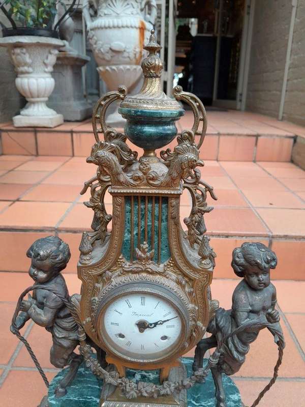 A 20th Century Louis XVl Style Brass and Marble Garniture Set Comprising Clock and Pair of Candel...