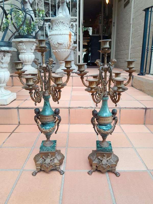 A 20th Century Louis XVl Style Brass and Marble Garniture Set Comprising Clock and Pair of Candel...