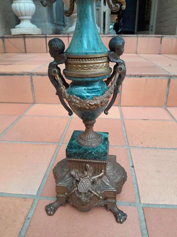 A 20th Century Louis XVl Style Brass and Marble Garniture Set Comprising Clock and Pair of Candel...