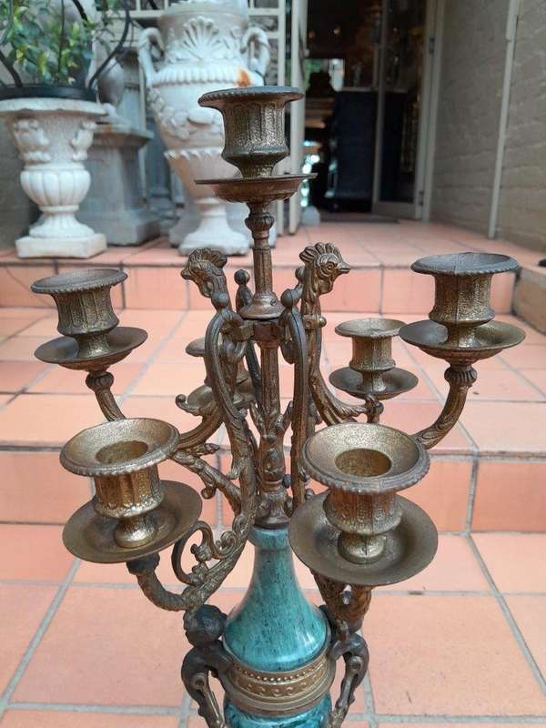 A 20th Century Louis XVl Style Brass and Marble Garniture Set Comprising Clock and Pair of Candel...