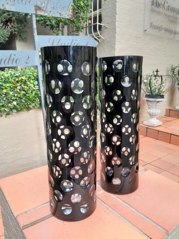 A Pair of Hand Blown Black / Clear Dot Vases