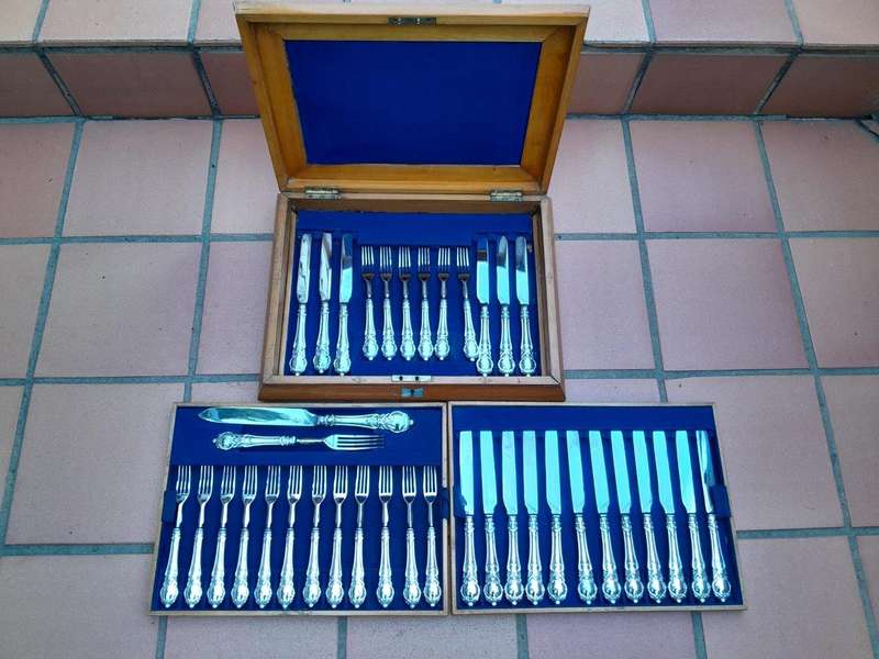 An Antique English Victorian Circa 1849  Set of Eighteen  Fruit Knives and Forks and a serving ...