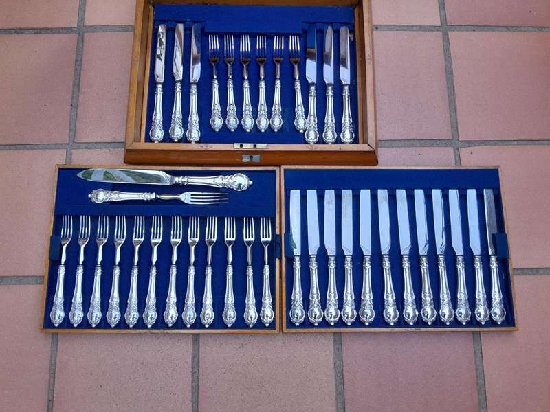 An Antique English Victorian Circa 1849  Set of Eighteen  Fruit Knives and Forks and a serving ...