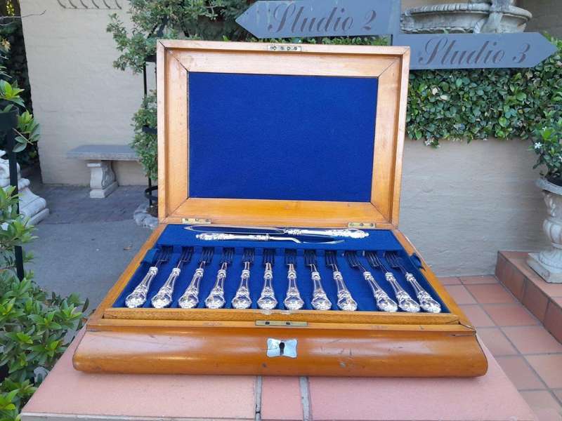 An Antique English Victorian Circa 1849  Set of Eighteen  Fruit Knives and Forks and a serving ...