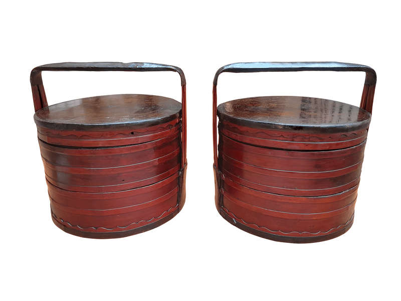 A 20th Century Pair Of Chinese Lacquered Bamboo Picnic Boxes With Handles