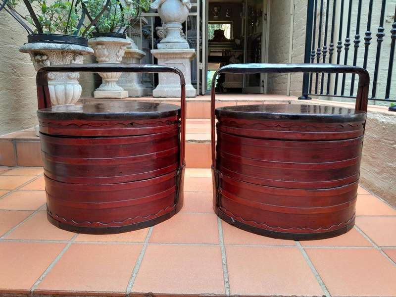 A 20th Century Pair Of Chinese Lacquered Bamboo Picnic Boxes With Handles