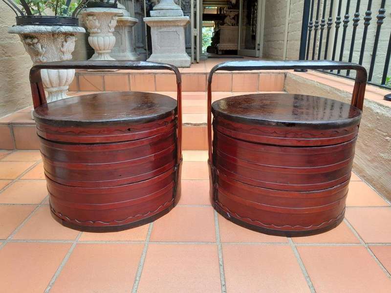 A 20th Century Pair Of Chinese Lacquered Bamboo Picnic Boxes With Handles