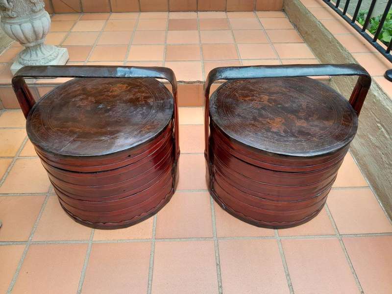 A 20th Century Pair Of Chinese Lacquered Bamboo Picnic Boxes With Handles