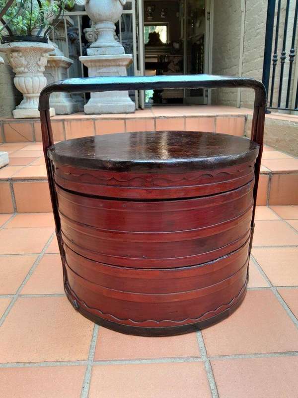 A 20th Century Pair Of Chinese Lacquered Bamboo Picnic Boxes With Handles