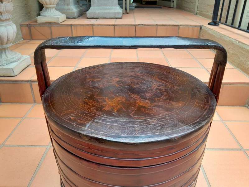 A 20th Century Pair Of Chinese Lacquered Bamboo Picnic Boxes With Handles