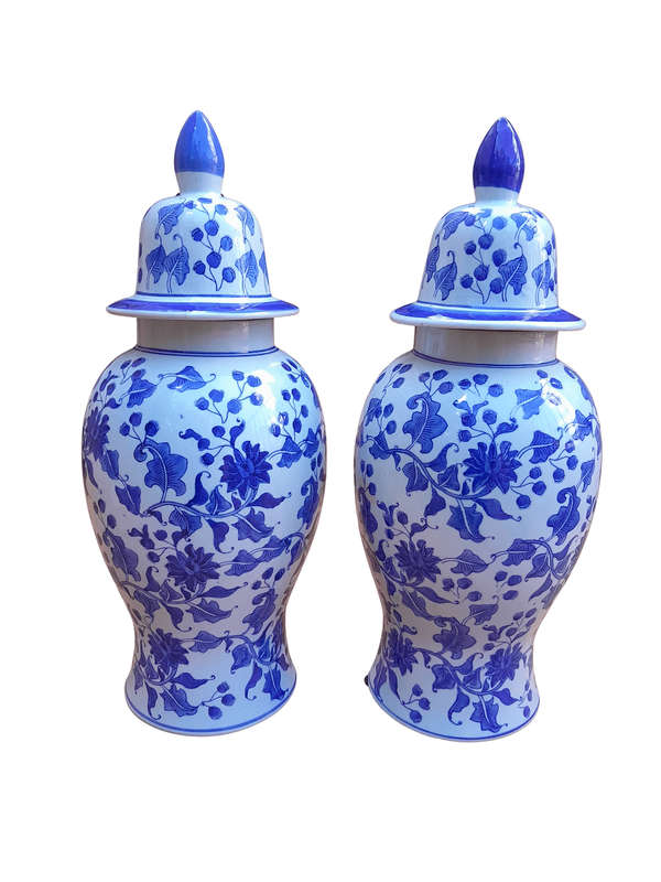 A 20th Century Pair of Chinese Ming Style Hand Painted Blue / White Jars with Lids