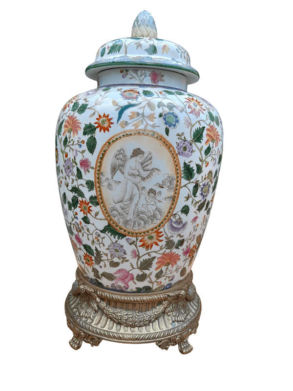 A Late 20th Century Chinese Export Porcelain Vase With Lid With Wong Lee Stamp and Gilt Metal Base