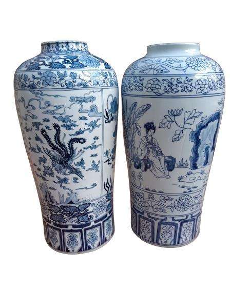A 20th Century Pair Of Chinese Blue / White Glazed Highly Decorative Vases