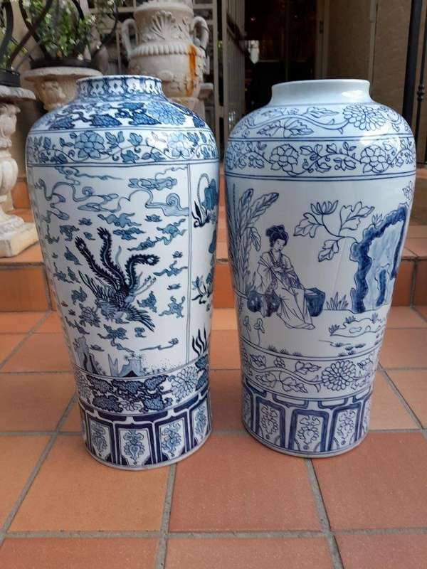 A 20th Century Pair Of Chinese Blue / White Glazed Highly Decorative Vases