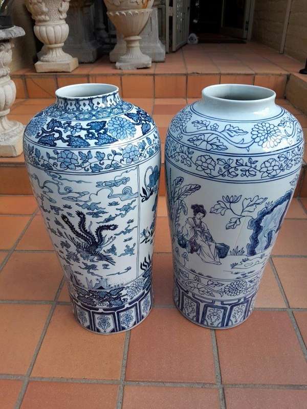 A 20th Century Pair Of Chinese Blue / White Glazed Highly Decorative Vases