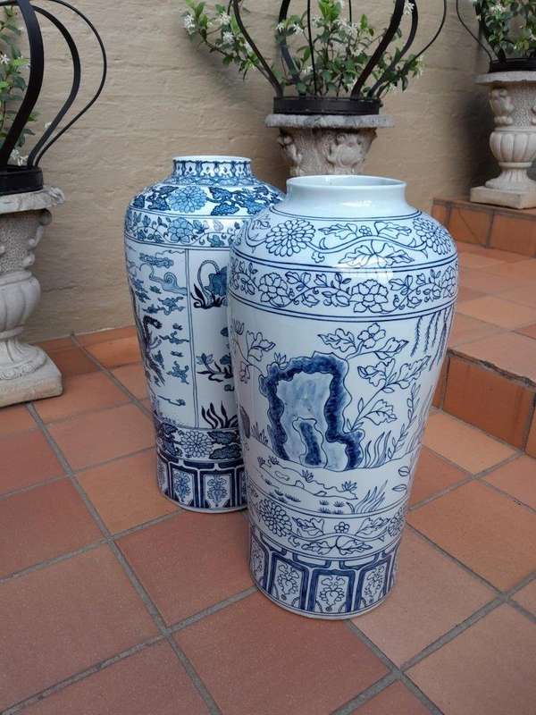 A 20th Century Pair Of Chinese Blue / White Glazed Highly Decorative Vases