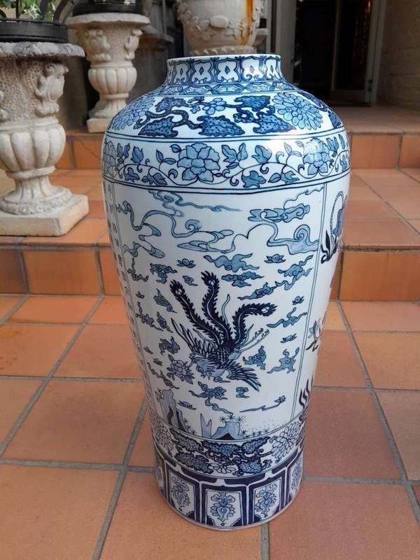 A 20th Century Pair Of Chinese Blue / White Glazed Highly Decorative Vases