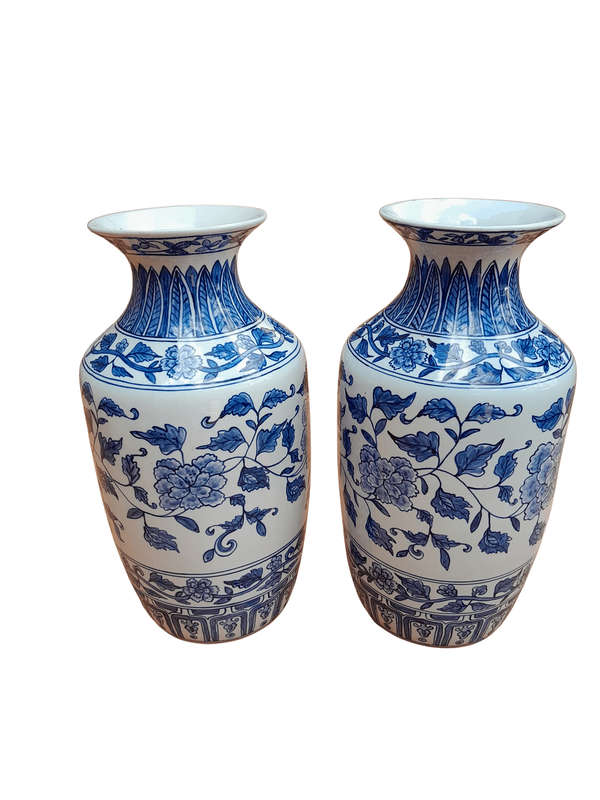 A 20th Century Pair of Blue / White Painted Ceramic Vases