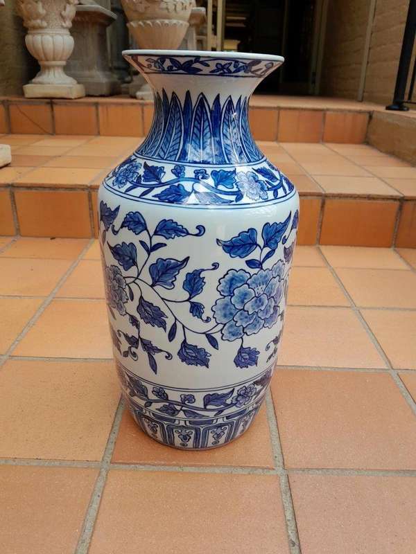 A 20th Century Pair of Blue / White Painted Ceramic Vases