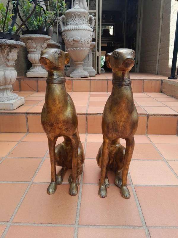 A Rare Pair Of Decorative Dogs  /  Whippets Of Large Proportions In A Hand Gilded With Gold Leaf ...