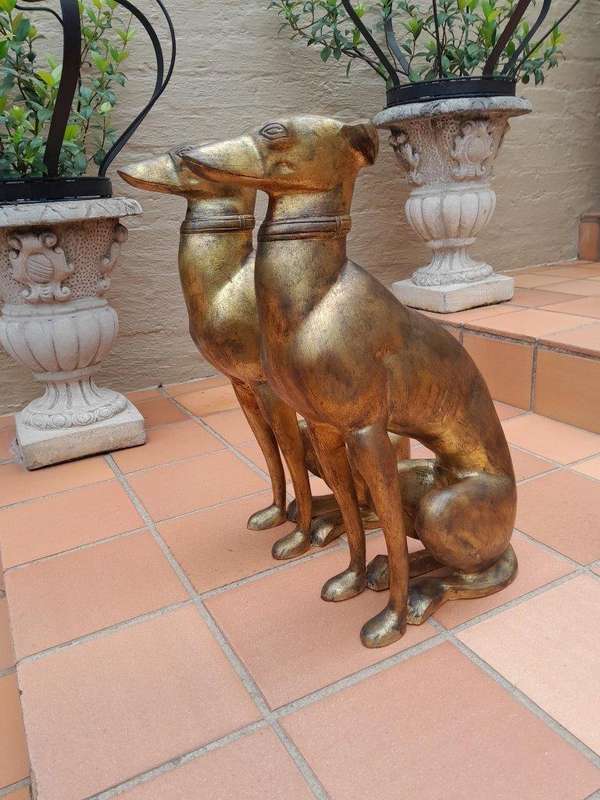 A Rare Pair Of Decorative Dogs  /  Whippets Of Large Proportions In A Hand Gilded With Gold Leaf ...