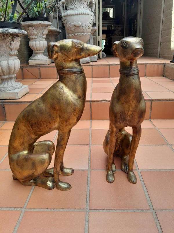 A Rare Pair Of Decorative Dogs  /  Whippets Of Large Proportions In A Hand Gilded With Gold Leaf ...