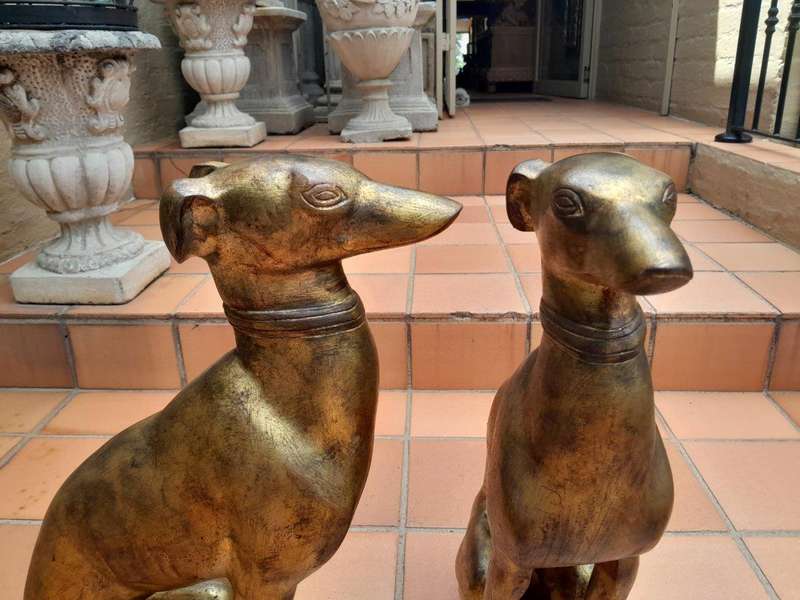 A Rare Pair Of Decorative Dogs  /  Whippets Of Large Proportions In A Hand Gilded With Gold Leaf ...