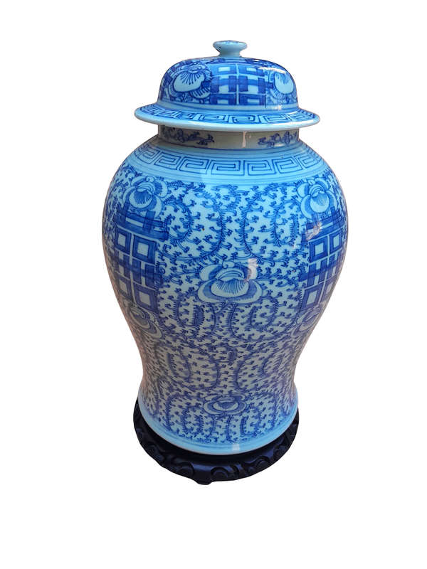 An Antique 19th Century Chinese Blue / White Jar with Cover Qing Dynasty on Wooden Stand