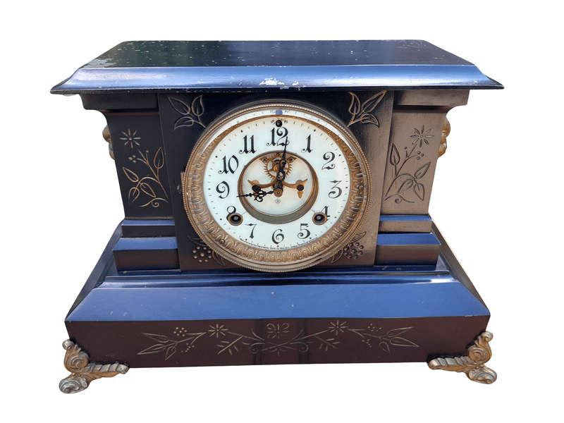 An Antique Victorian Ansonia Gilt Metal, Black Lacquer Chiming Working Clock with Key