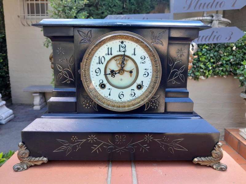 An Antique Victorian Ansonia Gilt Metal, Black Lacquer Chiming Working Clock with Key