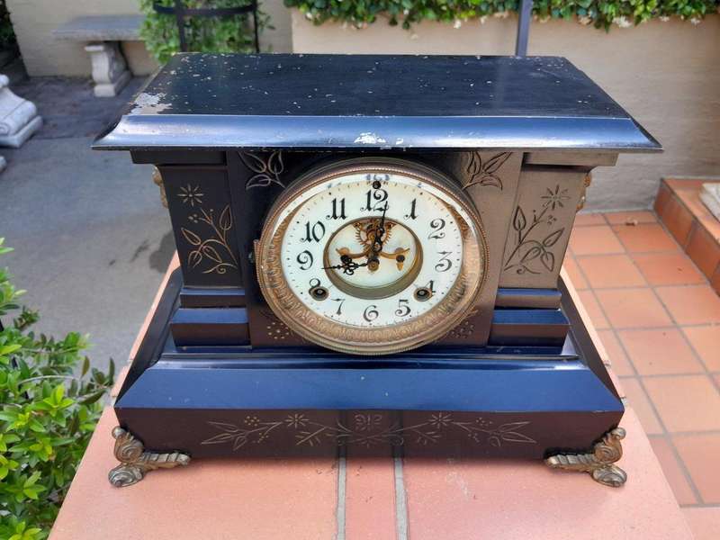 An Antique Victorian Ansonia Gilt Metal, Black Lacquer Chiming Working Clock with Key