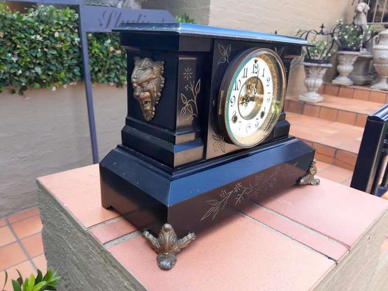 An Antique Victorian Ansonia Gilt Metal, Black Lacquer Chiming Working Clock with Key