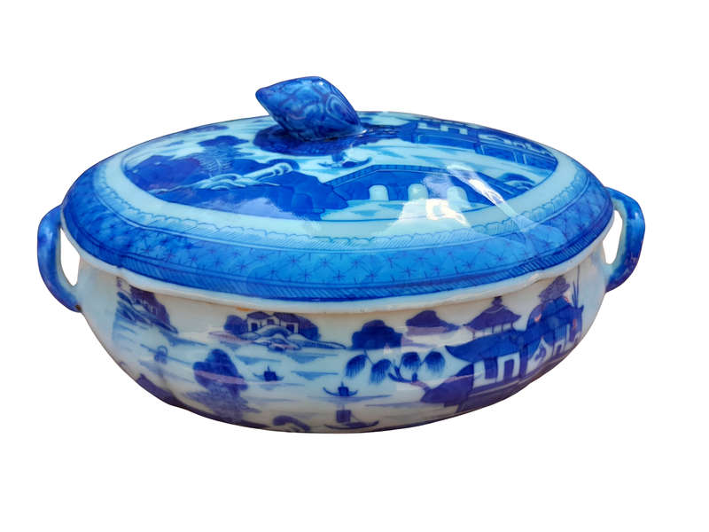 An Antique Early 19th Century Blue / White Dish with Cover and Handles
