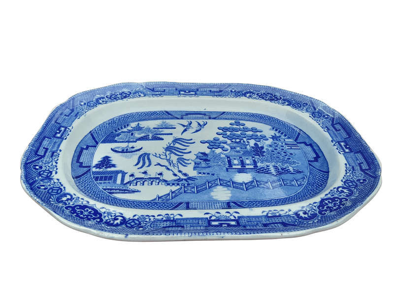 An Antique Blue and White Willow Pattern Porcelain Platter