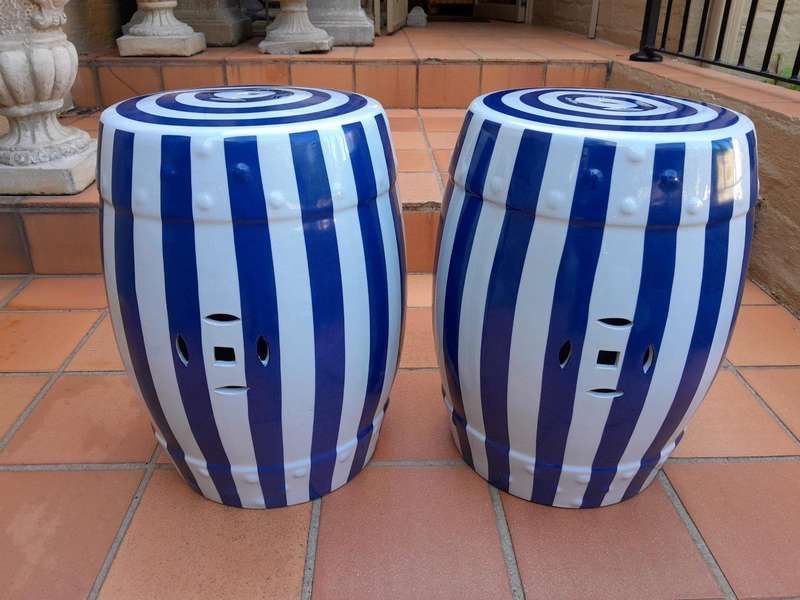 A Decorative Pair Of Blue / Off White Stripe Side Table / Seating Stool /  Decorative Accessory