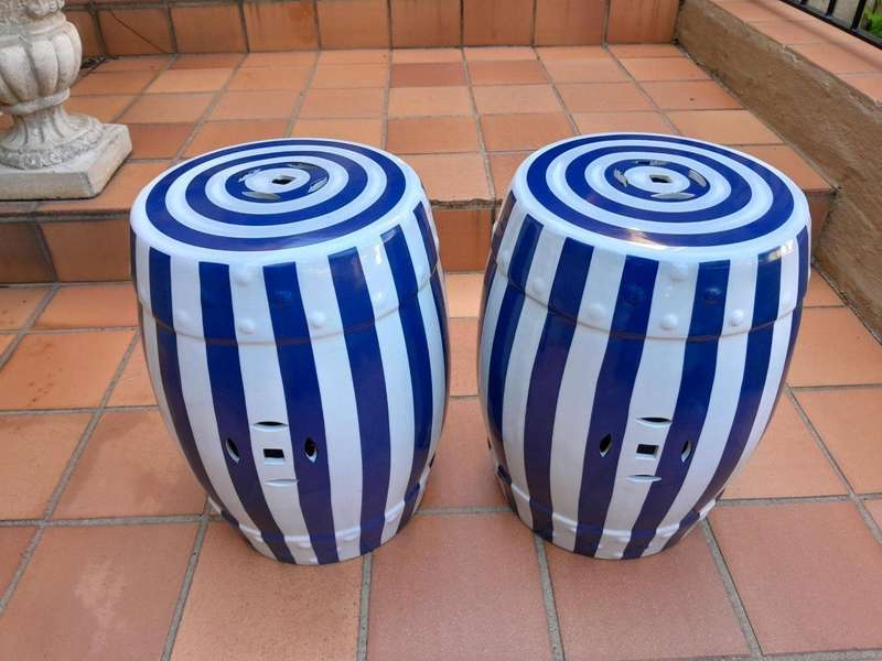 A Decorative Pair Of Blue / Off White Stripe Side Table / Seating Stool /  Decorative Accessory