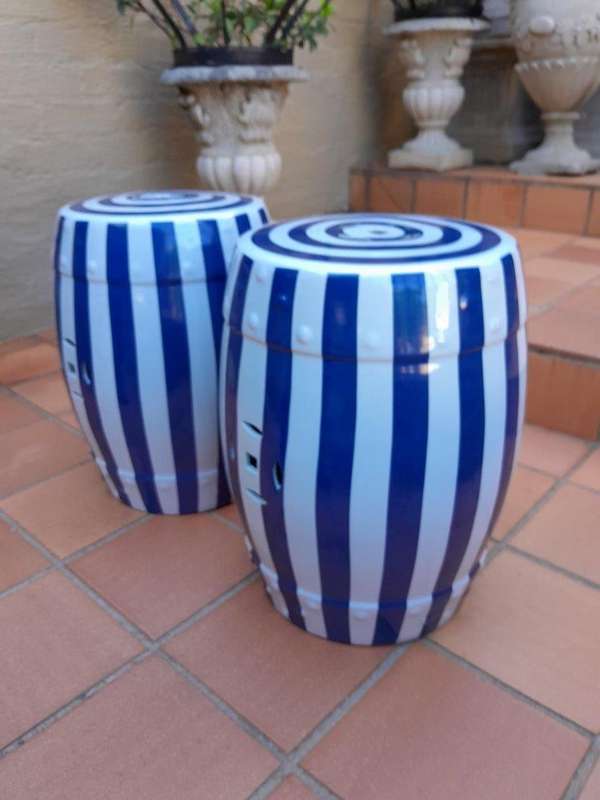 A Decorative Pair Of Blue / Off White Stripe Side Table / Seating Stool /  Decorative Accessory