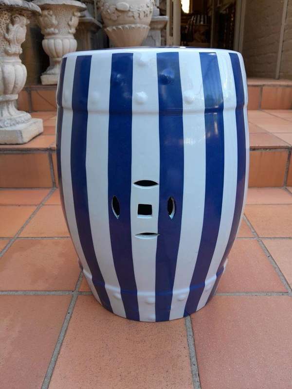 A Decorative Pair Of Blue / Off White Stripe Side Table / Seating Stool /  Decorative Accessory