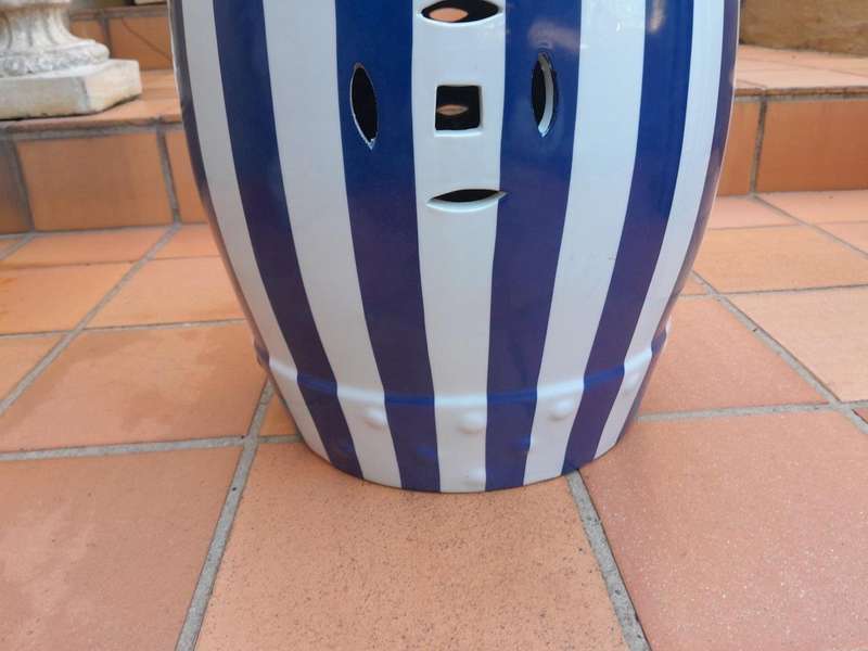 A Decorative Pair Of Blue / Off White Stripe Side Table / Seating Stool /  Decorative Accessory