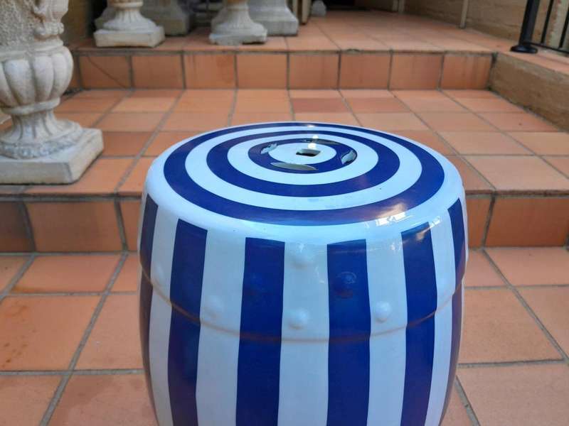 A Decorative Pair Of Blue / Off White Stripe Side Table / Seating Stool /  Decorative Accessory
