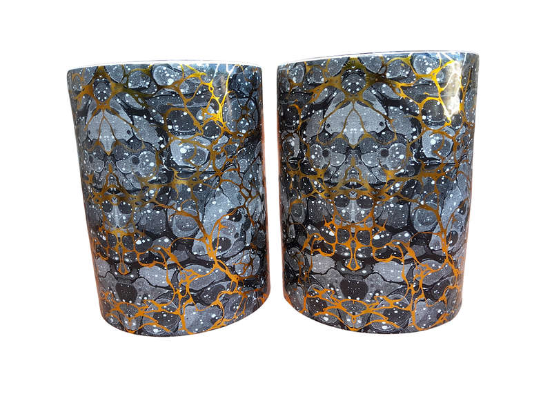 A Decorative Pair Of Gold / Charcoal / Grey With Off White Speckles Side Table / Seating Stool / ...