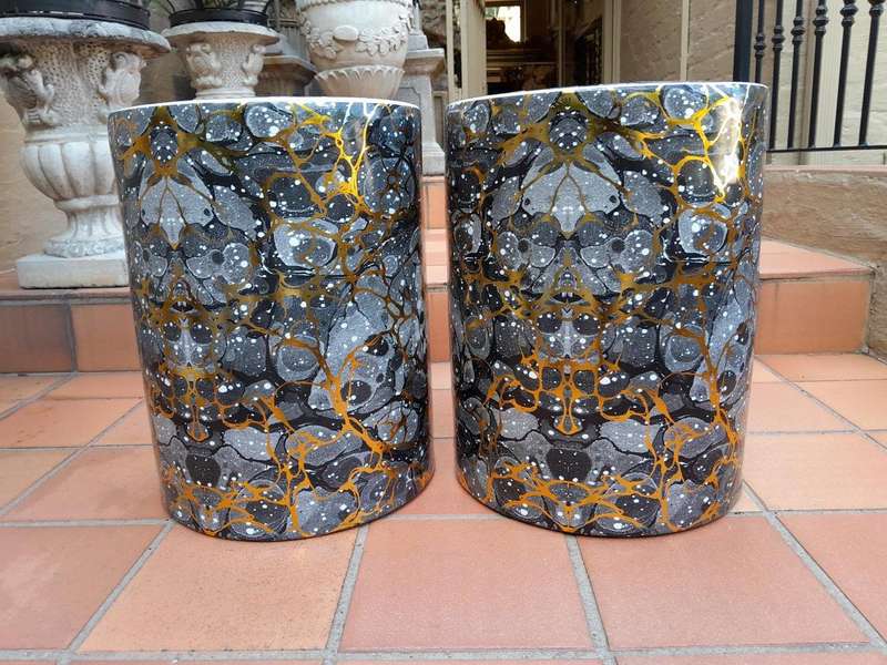 A Decorative Pair Of Gold / Charcoal / Grey With Off White Speckles Side Table / Seating Stool / ...