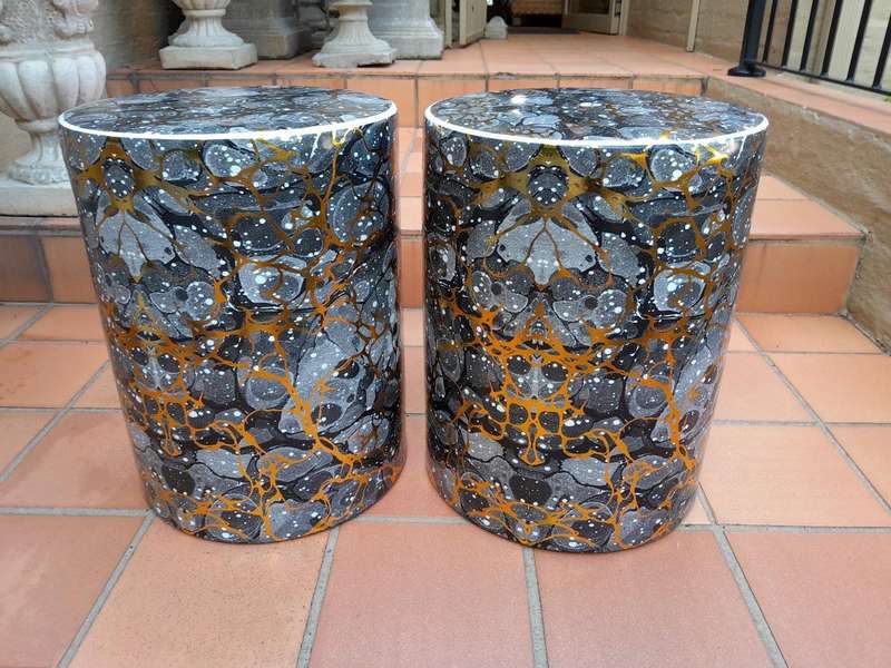 A Decorative Pair Of Gold / Charcoal / Grey With Off White Speckles Side Table / Seating Stool / ...