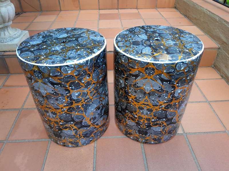 A Decorative Pair Of Gold / Charcoal / Grey With Off White Speckles Side Table / Seating Stool / ...