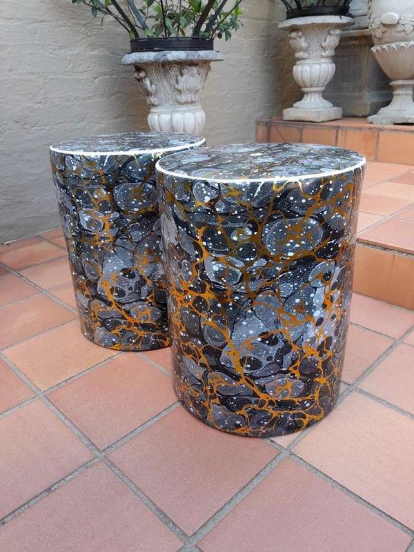 A Decorative Pair Of Gold / Charcoal / Grey With Off White Speckles Side Table / Seating Stool / ...