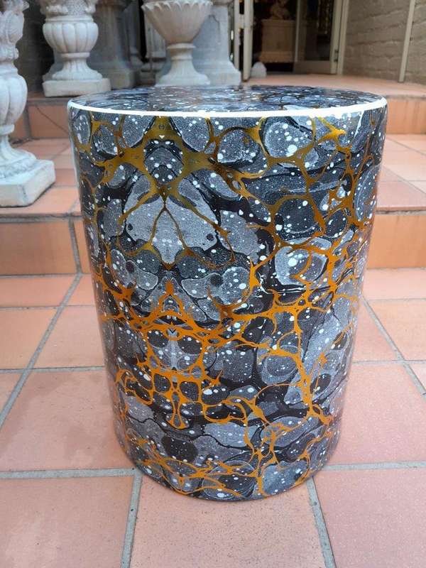 A Decorative Pair Of Gold / Charcoal / Grey With Off White Speckles Side Table / Seating Stool / ...