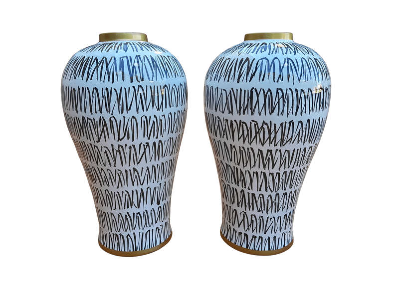 A Pair Of Black / Off White With Gold Rim Large Size Vases