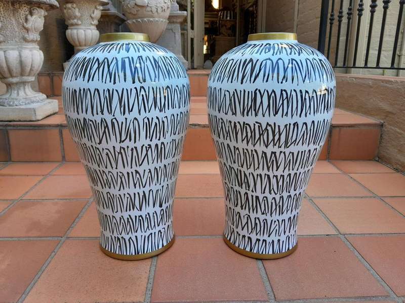 A Pair Of Black / Off White With Gold Rim Large Size Vases