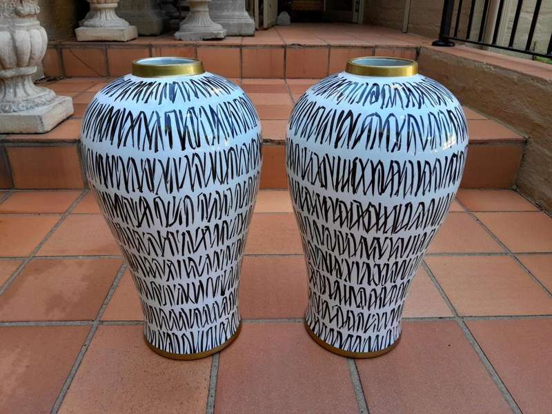 A Pair Of Black / Off White With Gold Rim Large Size Vases